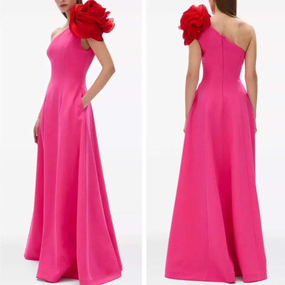 Rachel Gilbert Vya Maxi Dress Gown US8/10/12 Pink One Shoulder Floral Appliqué